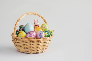 A colorful Easter basket filled with eggs on a white backdrop