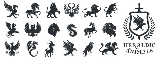 Heraldic animals set. Animals elements for heraldic symbols. Vector illustration.