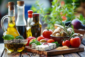 Mediterranean Cuisine Essentials with Olive Oil and Fresh Ingredients