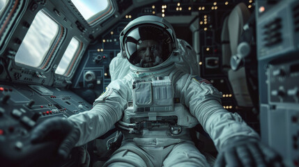 A man in a spacesuit sitting at the controls of an airplane, AI - obrazy, fototapety, plakaty