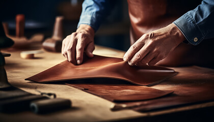 Master tanner sews a product from genuine leather - obrazy, fototapety, plakaty