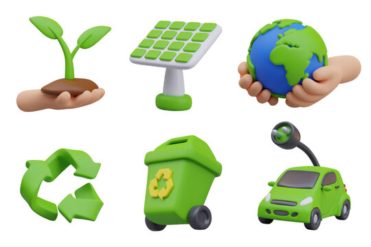 Hand holding plant, solar panel, recycling sign, trash can, electric car, Earth in palms