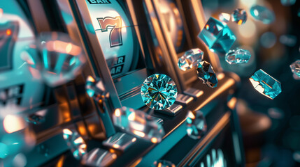 Slot machine with diamonds, luxury gambling, 3D render, vibrant teal. - obrazy, fototapety, plakaty