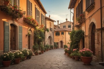Fototapeta na wymiar a narrow cobblestone street lined with potted plants, narrow and winding cozy streets, fantasy italy, running through italian town, baroque winding cobbled streets. 