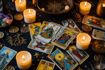 Tarot cards lie scattered and spread across a table top surrounded by candles and occult items.Generative AI
