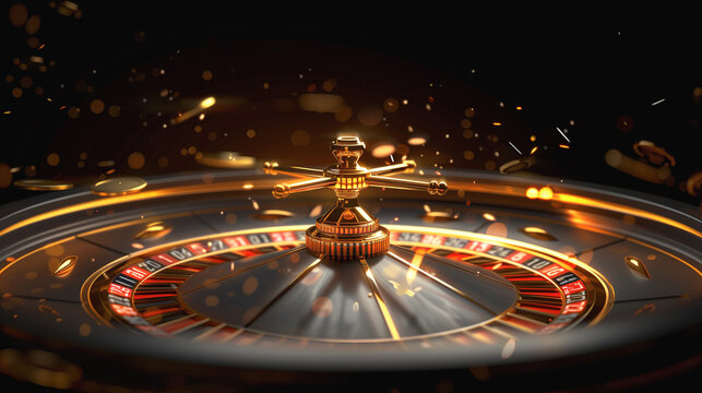 Casino roulette wheel with golden glow, 3D rendering, high detail, isolated on black