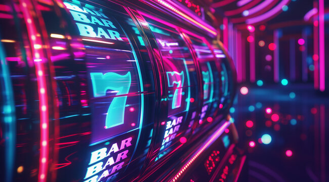 Neon casino slot machine, vibrant lights, 3D render, abstract style