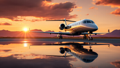 Fototapeta na wymiar Airplane on the runway at sunset