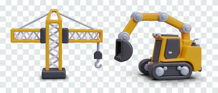 Realistic construction lifting crane, excavator. Isolated vector construction machinery