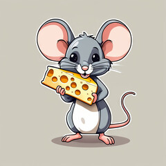 Flat logo style of a cute mouse holding a piece of cheese isolated on a solid color background. Animal nature icon concept in premium vector style.