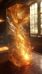 Vertical Glass Tank with Splash and Fire Abstract Background. Mysterious futuristic art object.