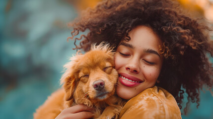A beautiful mixed race woman with curly hair smiles and hugs her puppy, adorable dog with closed eyes in the arms of his owner, warm colors, blurred background - Powered by Adobe