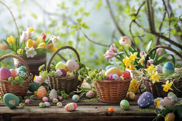 Colorful Easter baskets filled with eggs, flowers, and treats - obrazy, fototapety, plakaty