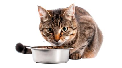 Tabby cat eating food, isolated on transparent background
