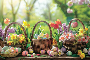 Colorful Easter baskets filled with eggs, flowers, and treats