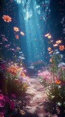 Sunbeams illuminating a forest path lined with vibrant wildflowers