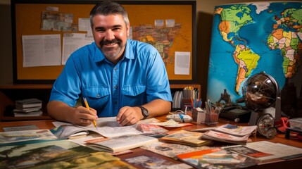 Travel researcher surrounded by vacation guides