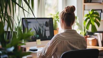 A woman working in her home office with a computer