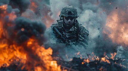 A soldier in a military uniform standing next to fire, AI - obrazy, fototapety, plakaty