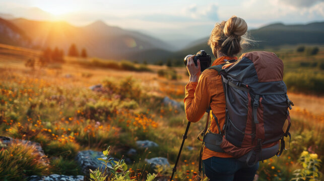 A woman with backpack taking a picture of flowers in the field, AI