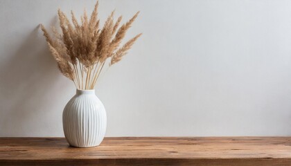 modern white ceramic vase with dry grass on wooden table scandinavian interior empty white wall copy space