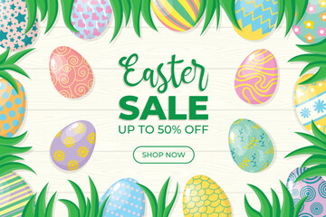 Easter big sale banner design. Up to 50% off promotion. Realistic eggs. Easter discount template. Vector for websites and markets. 