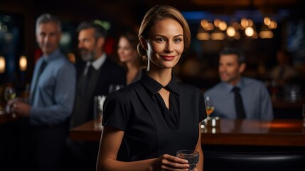 Diligent server holds tray of cocktails with even lighting