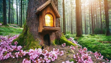 enchanted fairy tale forest with magical shining window in hollow of fantasy pine tree elf house blooming fabulous giant pink sakura cherry flower garden building in wood in fairytale morning light - obrazy, fototapety, plakaty