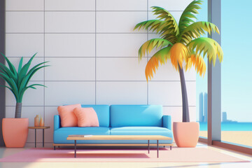 Modern Beachside Living Room Interior with Ocean View - obrazy, fototapety, plakaty