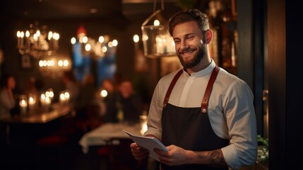 Smiling waiter serves menu in candlelit bistro - obrazy, fototapety, plakaty