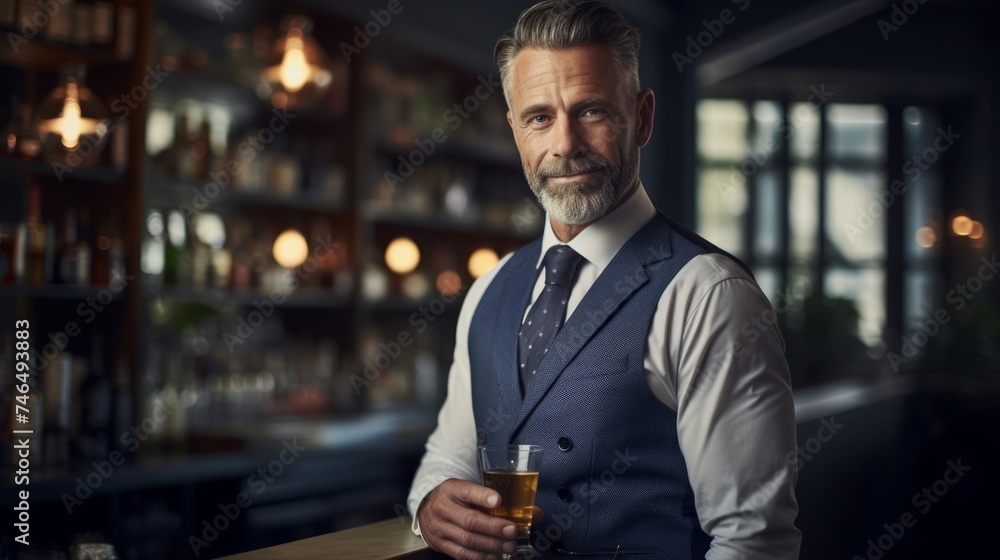 Canvas Prints Experienced mixologist in 40s holds cocktail shaker at stylish bar