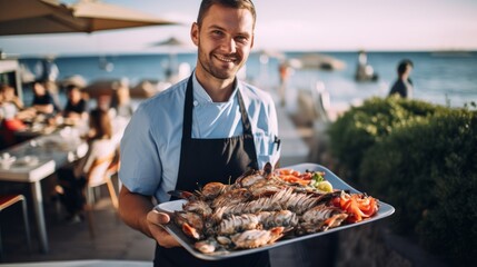 Determined server presents seafood at seaside restaurant coastal dining atmosphere