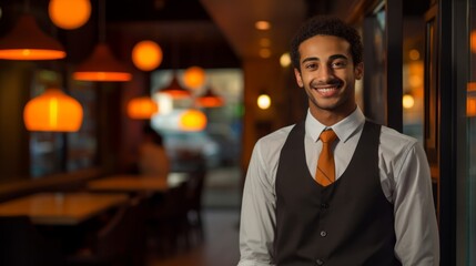 Fototapeta premium Close-up portrait of smiling waiter at restaurant entrance under soft lighting