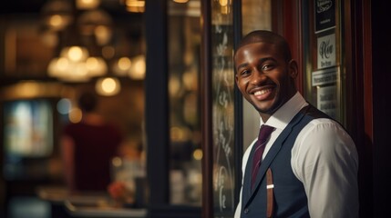 Close-up of waiter smiling at restaurant entrance under soft lighting