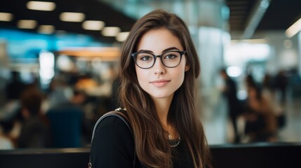 Young linguist in round glasses sits at clutter-free desk with computer - obrazy, fototapety, plakaty