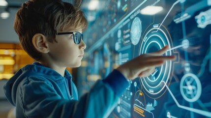 Prodigy Navigates Interactive Tech Universe, A young, bespectacled child engages with an advanced interactive display, symbolizing the seamless fusion of education and cutting-edge technology. - obrazy, fototapety, plakaty