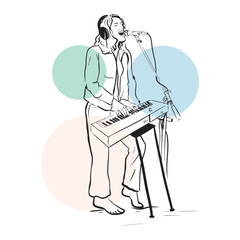 The woman playing the keyboard. Vector illustration. Line art, hand drawn illustration.