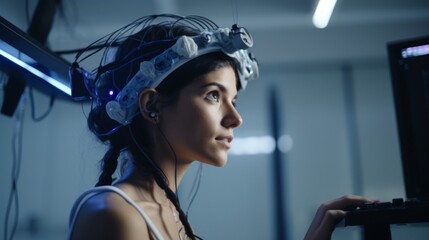 Linguist conducts language experiment with EEG cap soft light - obrazy, fototapety, plakaty