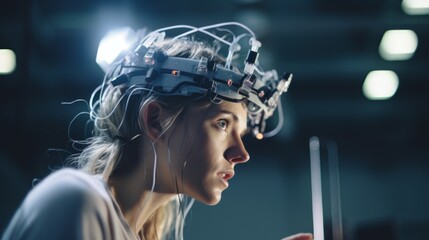 Linguist concentrates on language experiment with EEG cap - obrazy, fototapety, plakaty