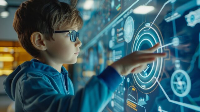 Prodigy Navigates Interactive Tech Universe, A young, bespectacled child engages with an advanced interactive display, symbolizing the seamless fusion of education and cutting-edge technology.