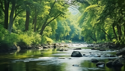 A quiet river flows in the forest in summer among green trees