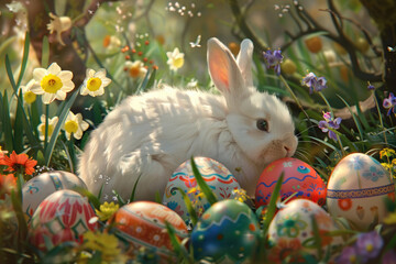 A bunny amidst colorful Easter eggs in a blooming garden