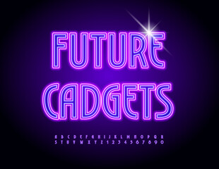 Vector Neon Banner Future Gadgets. Trendy Electric Font. Modern Glowing Alphabet Letters and Numbers set.