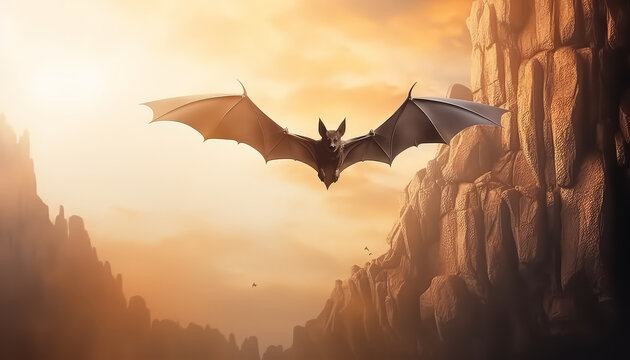 Bat flying at sunset over rocks