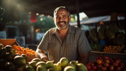 Close-up of cheerful frutero standing behind vibrant fruit stand