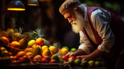 Close-up of passionate male fruit vendor arranging fruit baskets