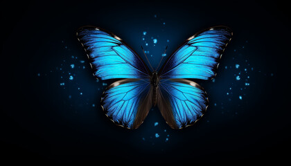 Blue butterfly glowing shining on black background