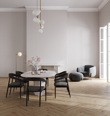 Luxury interior mockup with black chair, white table and wooden floor, 3d render