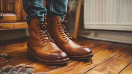 A person wearing brown boots standing on a wooden floor, AI - obrazy, fototapety, plakaty