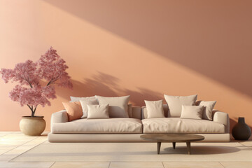 Minimalist modern living room interior design and cozy furnishings in beige-brown tones,in daylight